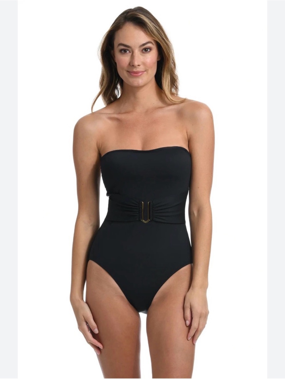 La Blanca Island Goddess Black Strapless One-Piece, Waist Buckle, Moulded Cups